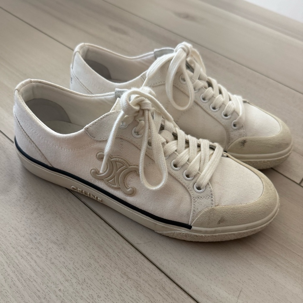 Authentic Celine Alan Canvas Low-Top Sneakers with Triomphe Detail